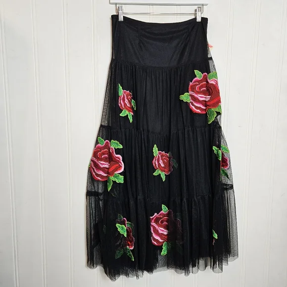 Black Midi Skirt with Red Rose Embroidery - Picture 2 of 14